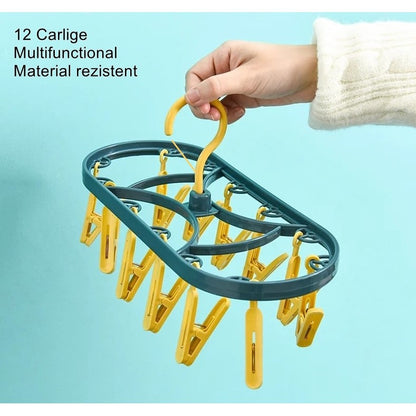 Uscator de Rufe Suspendat Flippy, cu 12 Carlige, Rotire 360 Grade, Protectie Vant, Mateiral Plastic, Usor de Depozitat, Multifunctional, 30 x 12.5 cm, Albastru/Galben-3