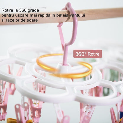 Uscator de Rufe Suspendat Flippy, cu 16 Carlige, Rotire 360 Grade, Mateiral Plastic, Usor de Depozitat, Multifunctional, 26 x 21 cm, Roz-1