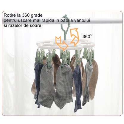 Uscator de Rufe Suspendat Flippy, cu 16 Carlige, Rotire 360 Grade, Mateiral Plastic, Usor de Depozitat, Multifunctional, 26 x 21 cm, Verde-4