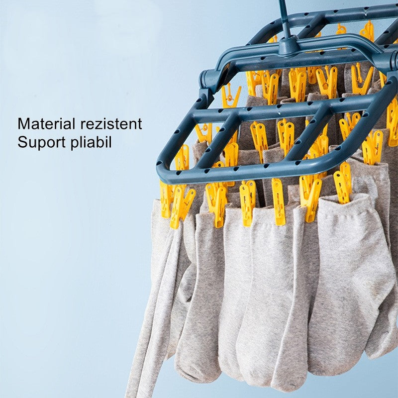 Uscator de Rufe Suspendat Flippy, cu 40 Carlige, Rotire 360 Grade, Protectie Vant, Pliabil, Patrat, Mateiral Plastic, Usor de Depozitat, Multifunctional, 36 x 24 cm, Albastru/Galben-1