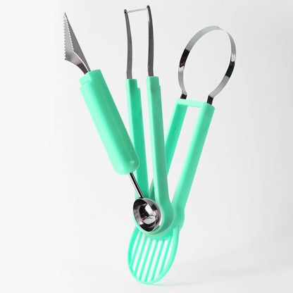 Ustensila bucatarie 4 in 1 pentru taiat si decorat fructe Flippy, material inox si plastic, compact, 28x6.2 cm, verde-4