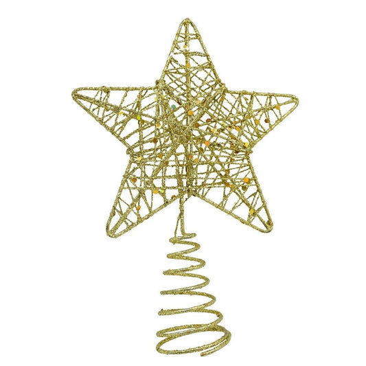 Varf decorativ de brad, Auriu, in forma de Stea, design cu paiete, din Plastic/Metal, 13 cm x 18 cm, diametru 4 cm, Interior/Exterior, Flippy-0