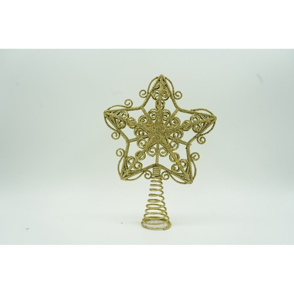 Varf decorativ de brad, Auriu, in forma de Stea, design forjat, din Plastic/Metal, 14.5 cm x 20 cm, Interior/Exterior, Flippy-7