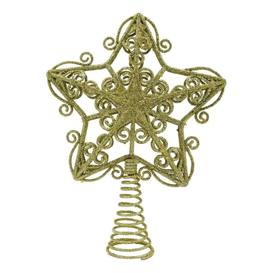 Varf decorativ de brad, Auriu, in forma de Stea, design forjat, din Plastic/Metal, 14.5 cm x 20 cm, Interior/Exterior, Flippy-0