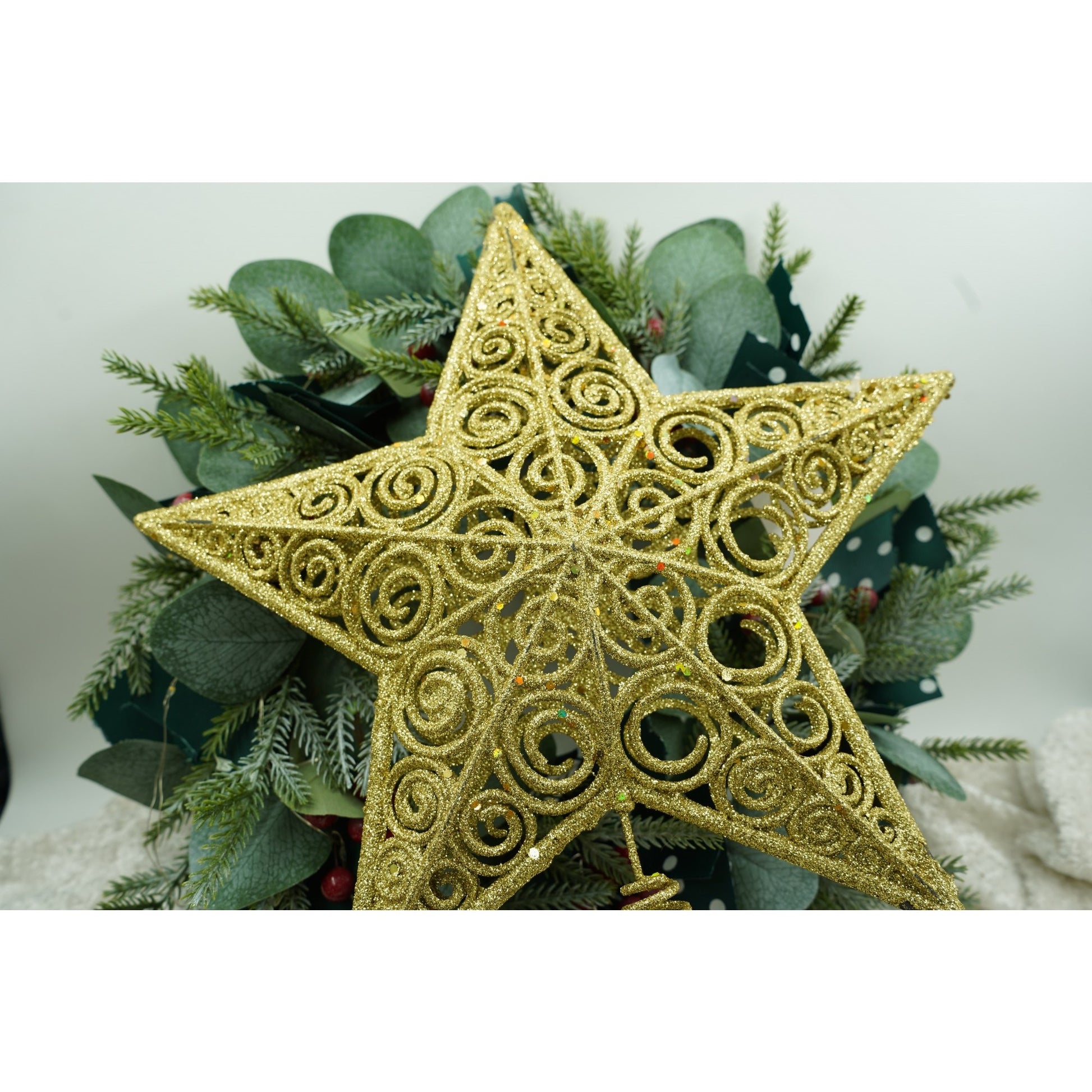 Varf decorativ de brad, Auriu, in forma de Stea, design spiralat, din Plastic/Metal, 29 cm x 38 cm, Interior/Exterior, Flippy-4