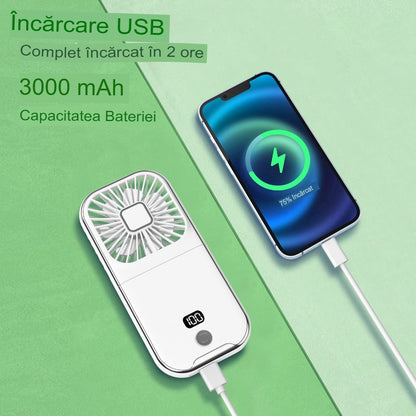 Ventilator Portabil Flippy, 3 in 1, de Mana, de Gat, de Birou, 16.7 x 8 x 1.9 cm, 3 Trepte de Viteza, Incarcare USB, Pliabil, Afisaj Digital, Suport Telefon, Alb-2