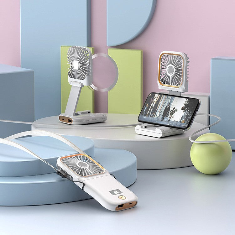 Ventilator Portabil Flippy, 3 in 1, de Mana, de Gat, de Birou, 16.7 x 8 x 1.9 cm, 3 Trepte de Viteza, Incarcare USB, Pliabil, Afisaj Digital, Suport Telefon, Alb-9