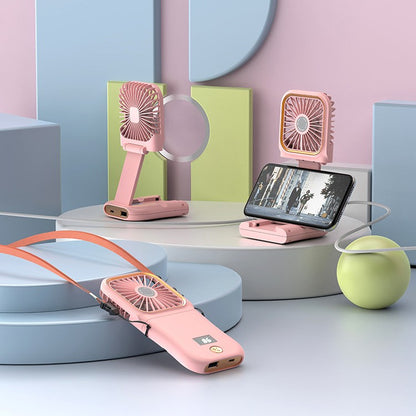 Ventilator Portabil Flippy, 3 in 1, de Mana, de Gat, de Birou, 16.7 x 8 x 1.9 cm, 3 Trepte de Viteza, Incarcare USB, Pliabil, Afisaj Digital, Suport Telefon, Roz-3