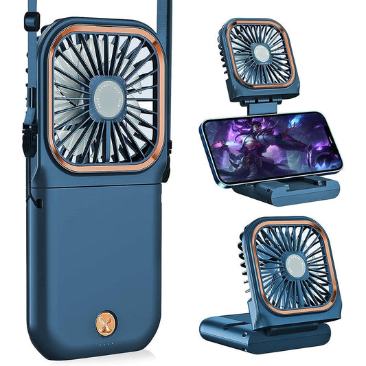 Ventilator Portabil Flippy, 3 in 1, de Mana, de Gat, de Birou, 16.7 x 8 x 1.9 cm, 3 Trepte de Viteza, Incarcare USB, Pliabil, Afisaj Digital, Suport Telefon, Albastru-1