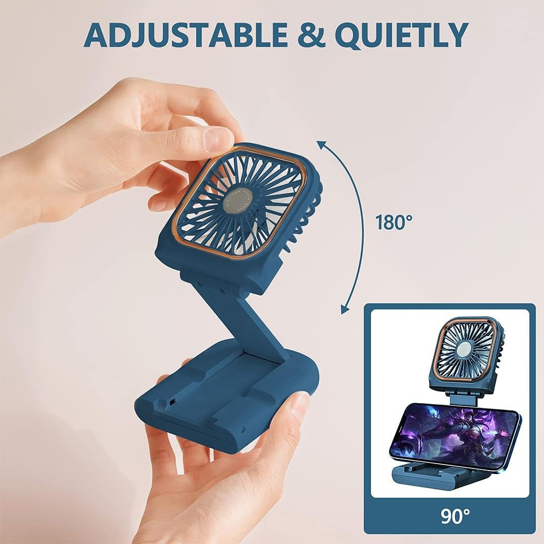 Ventilator Portabil Flippy, 3 in 1, de Mana, de Gat, de Birou, 16.7 x 8 x 1.9 cm, 3 Trepte de Viteza, Incarcare USB, Pliabil, Afisaj Digital, Suport Telefon, Albastru-3