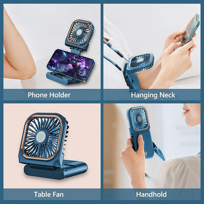 Ventilator Portabil Flippy, 3 in 1, de Mana, de Gat, de Birou, 16.7 x 8 x 1.9 cm, 3 Trepte de Viteza, Incarcare USB, Pliabil, Afisaj Digital, Suport Telefon, Albastru-4