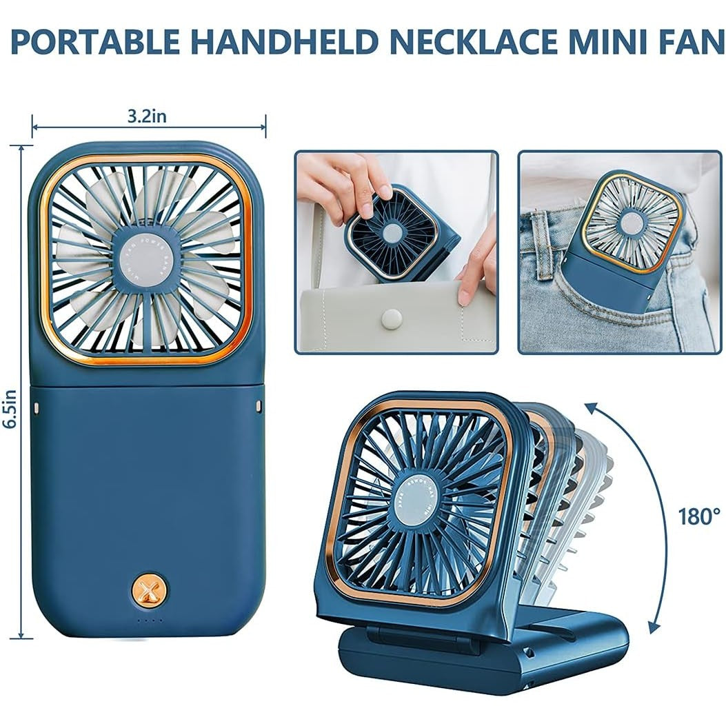 Ventilator Portabil Flippy, 3 in 1, de Mana, de Gat, de Birou, 16.7 x 8 x 1.9 cm, 3 Trepte de Viteza, Incarcare USB, Pliabil, Afisaj Digital, Suport Telefon, Albastru-5
