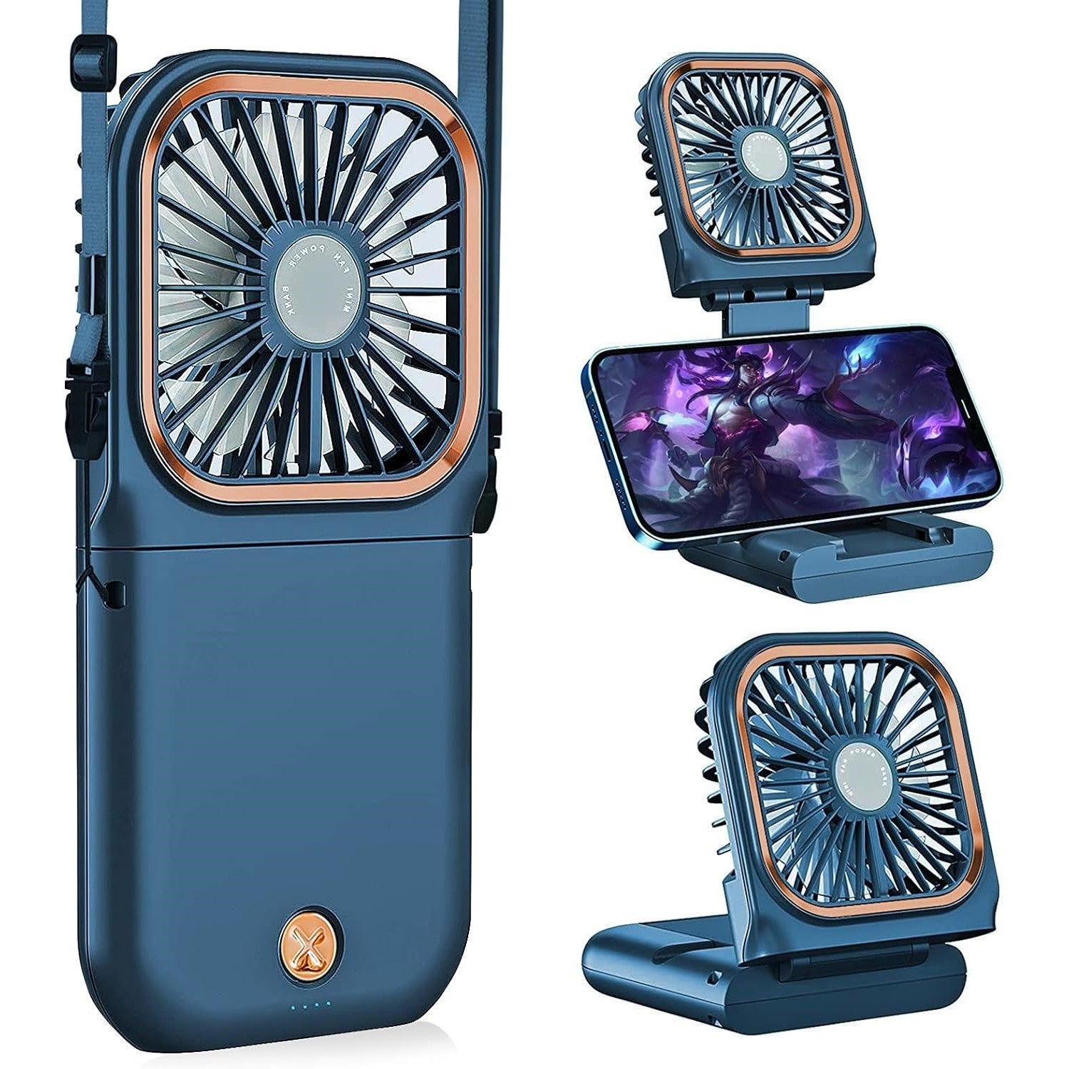 Ventilator Portabil Flippy, 3 in 1, de Mana, de Gat, de Birou, 16.7 x 8 x 1.9 cm, 3 Trepte de Viteza, Incarcare USB, Pliabil, Afisaj Digital, Suport Telefon, Albastru-0