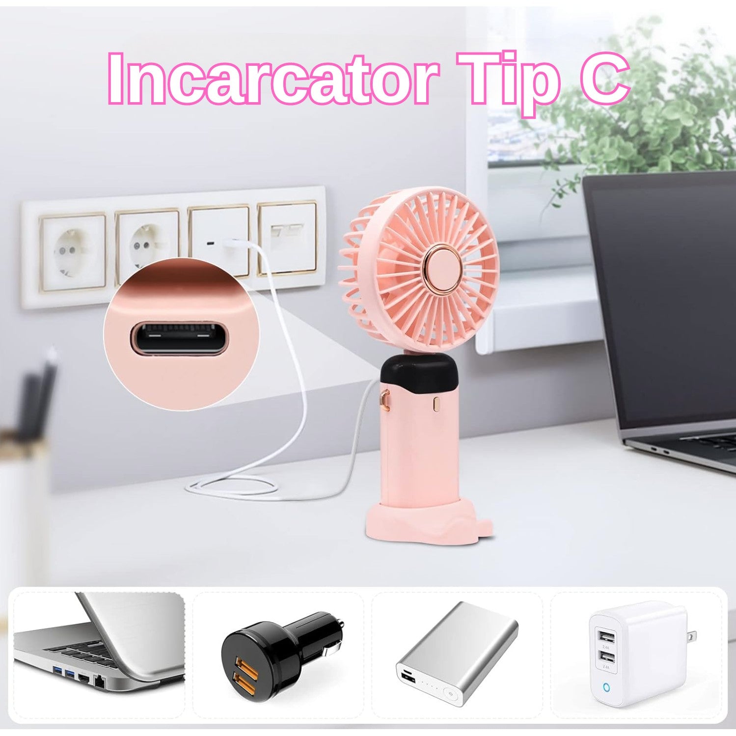 Ventilator Ultra Portabil cu Aromaterapie, Flippy, 3 in 1, de Mana, de Birou, de Gat, 5 Trepte de Viteza, Incarcare USB, Autonomie 12h, Pliabil, cu Ecran LCD, Roz-3