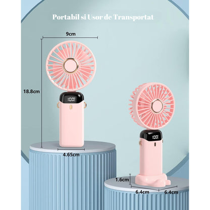 Ventilator Ultra Portabil cu Aromaterapie, Flippy, 3 in 1, de Mana, de Birou, de Gat, 5 Trepte de Viteza, Incarcare USB, Autonomie 12h, Pliabil, cu Ecran LCD, Roz-5