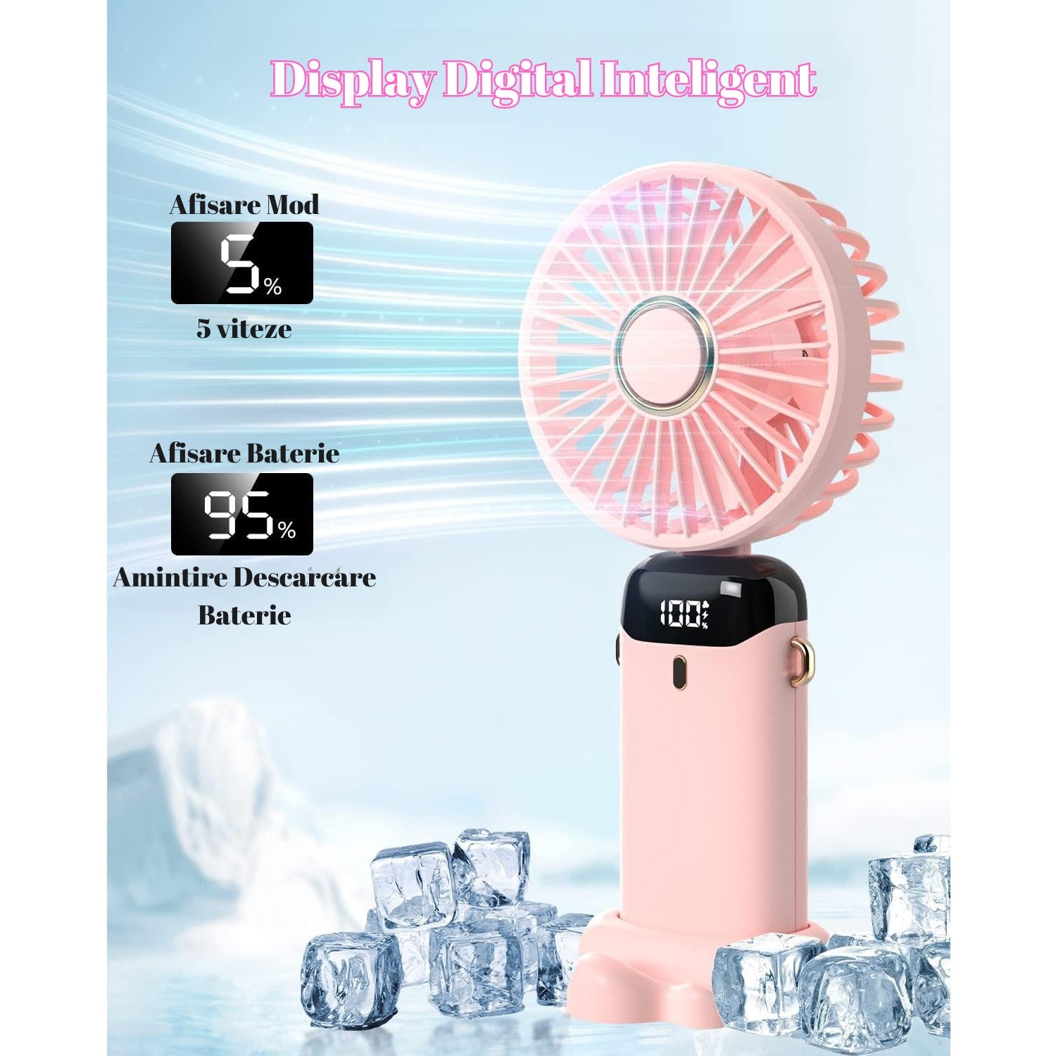 Ventilator Ultra Portabil cu Aromaterapie, Flippy, 3 in 1, de Mana, de Birou, de Gat, 5 Trepte de Viteza, Incarcare USB, Autonomie 12h, Pliabil, cu Ecran LCD, Roz-6