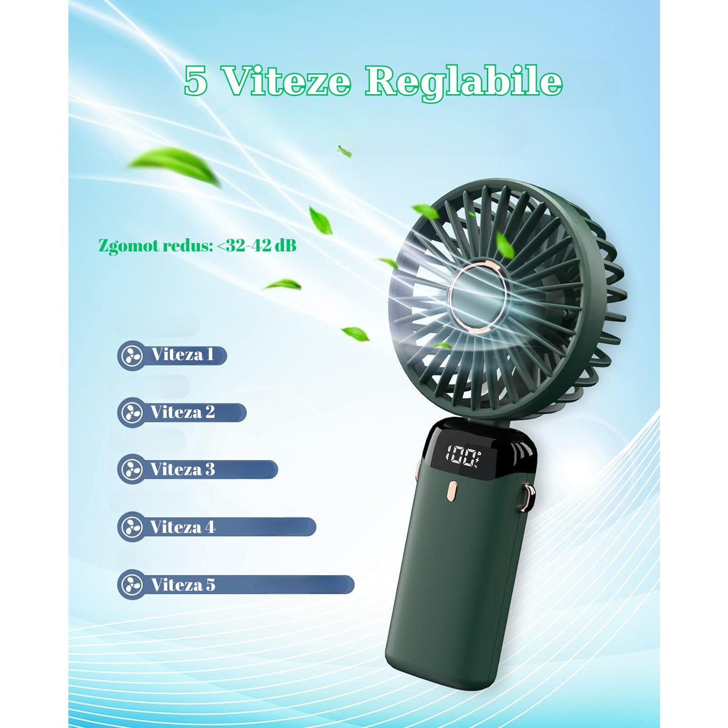 Ventilator Ultra Portabil cu Aromaterapie, Flippy, 3 in 1, de Mana, de Birou, de Gat, 5 Trepte de Viteza, Incarcare USB, Autonomie 12h, Pliabil, cu Ecran LCD, Verde-1