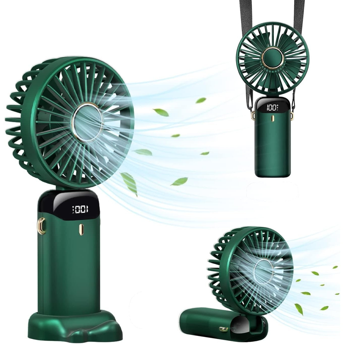 Ventilator Ultra Portabil cu Aromaterapie, Flippy, 3 in 1, de Mana, de Birou, de Gat, 5 Trepte de Viteza, Incarcare USB, Autonomie 12h, Pliabil, cu Ecran LCD, Verde-2