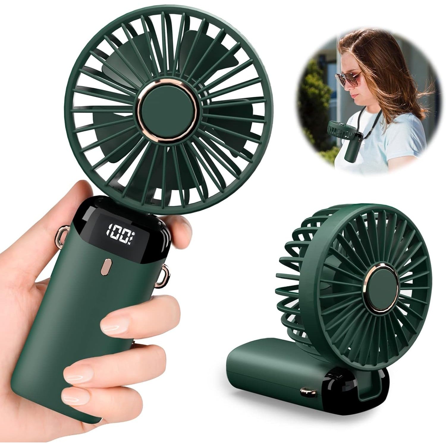 Ventilator Ultra Portabil cu Aromaterapie, Flippy, 3 in 1, de Mana, de Birou, de Gat, 5 Trepte de Viteza, Incarcare USB, Autonomie 12h, Pliabil, cu Ecran LCD, Verde-3