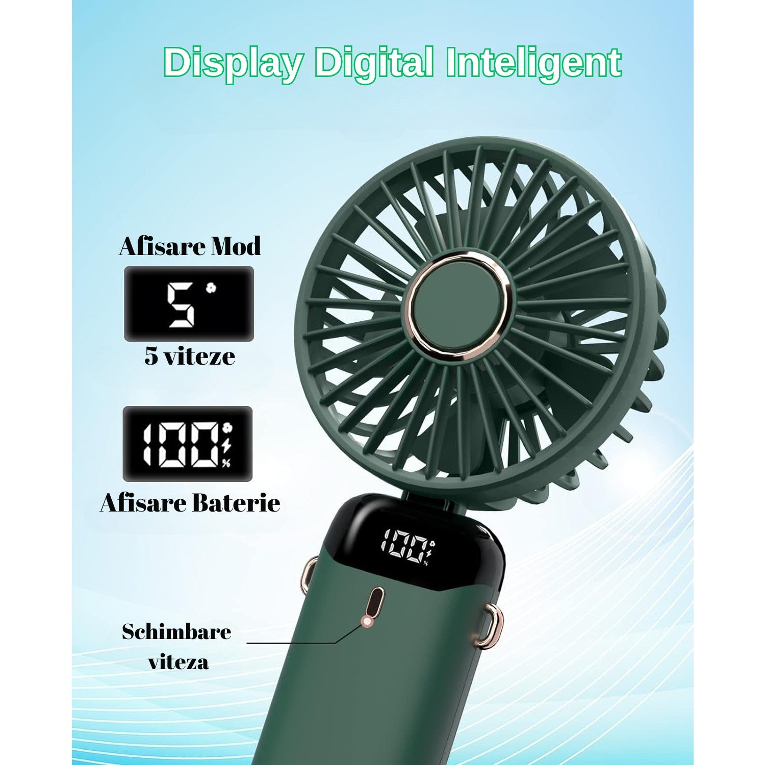 Ventilator Ultra Portabil cu Aromaterapie, Flippy, 3 in 1, de Mana, de Birou, de Gat, 5 Trepte de Viteza, Incarcare USB, Autonomie 12h, Pliabil, cu Ecran LCD, Verde-4