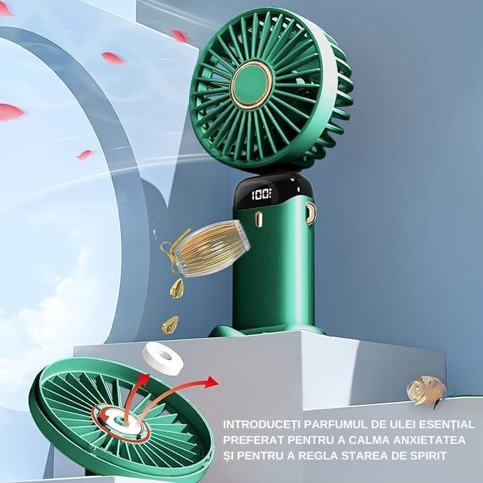 Ventilator Ultra Portabil cu Aromaterapie, Flippy, 3 in 1, de Mana, de Birou, de Gat, 5 Trepte de Viteza, Incarcare USB, Autonomie 12h, Pliabil, cu Ecran LCD, Verde-5