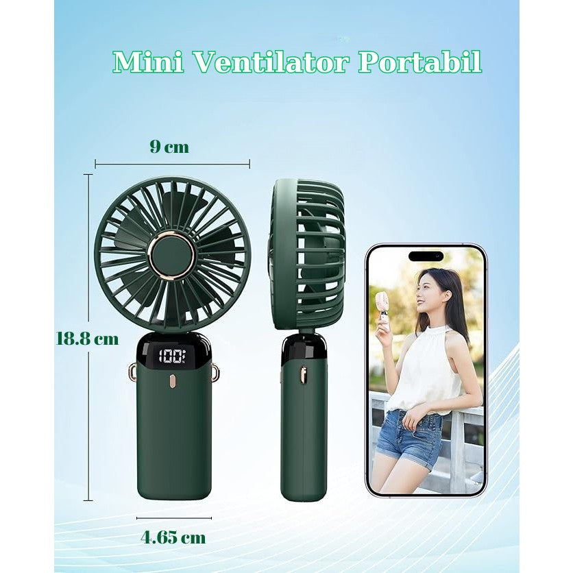 Ventilator Ultra Portabil cu Aromaterapie, Flippy, 3 in 1, de Mana, de Birou, de Gat, 5 Trepte de Viteza, Incarcare USB, Autonomie 12h, Pliabil, cu Ecran LCD, Verde-6