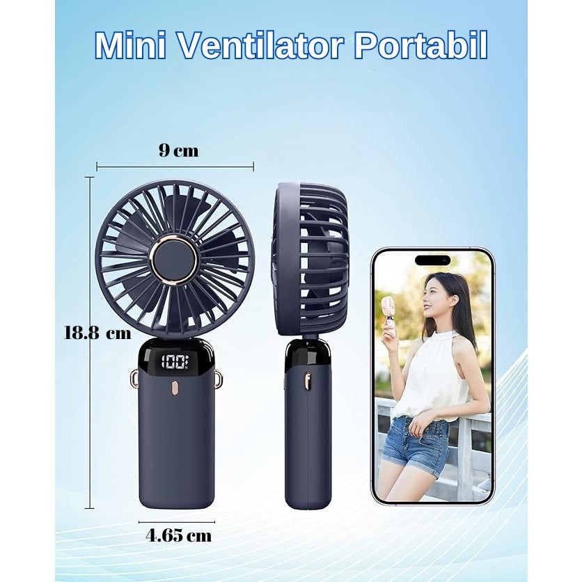 Ventilator Ultra Portabil cu Aromaterapie, Flippy, 3 in 1, de Mana, de Birou, de Gat, 5 Trepte de Viteza, Incarcare USB, Autonomie 12h, Pliabil, cu Ecran LCD, Albastru-3