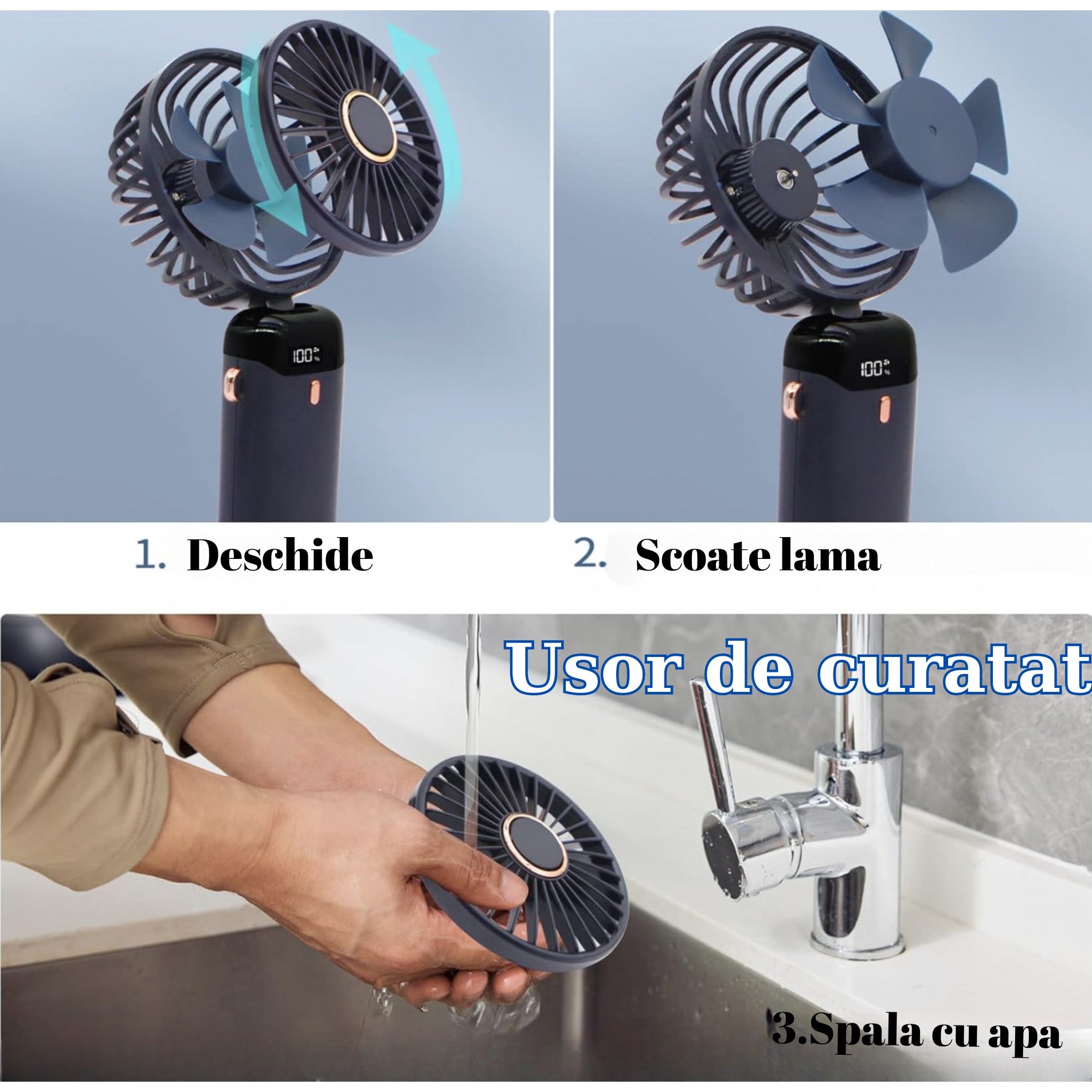 Ventilator Ultra Portabil cu Aromaterapie, Flippy, 3 in 1, de Mana, de Birou, de Gat, 5 Trepte de Viteza, Incarcare USB, Autonomie 12h, Pliabil, cu Ecran LCD, Albastru-4