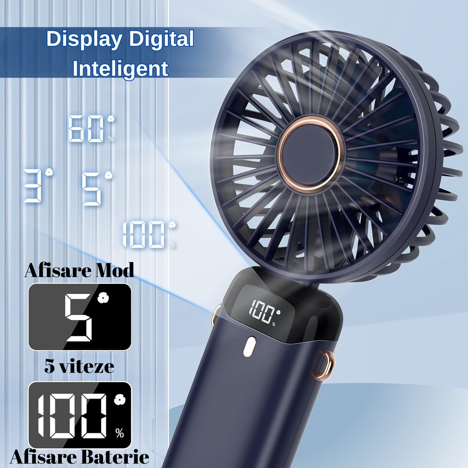 Ventilator Ultra Portabil cu Aromaterapie, Flippy, 3 in 1, de Mana, de Birou, de Gat, 5 Trepte de Viteza, Incarcare USB, Autonomie 12h, Pliabil, cu Ecran LCD, Albastru-6