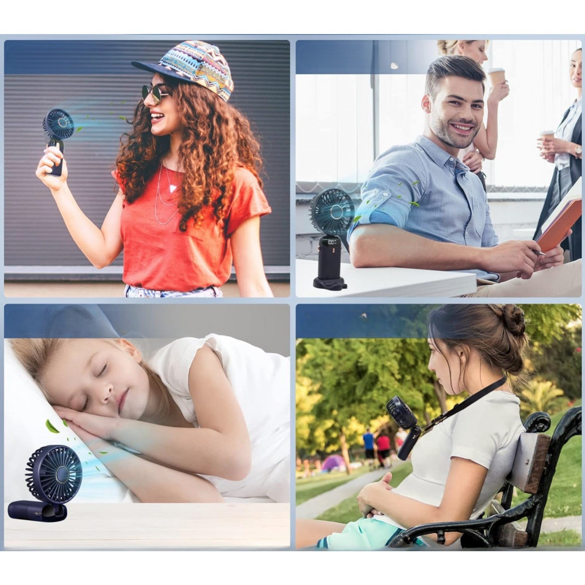 Ventilator Ultra Portabil cu Aromaterapie, Flippy, 3 in 1, de Mana, de Birou, de Gat, 5 Trepte de Viteza, Incarcare USB, Autonomie 12h, Pliabil, cu Ecran LCD, Albastru-7