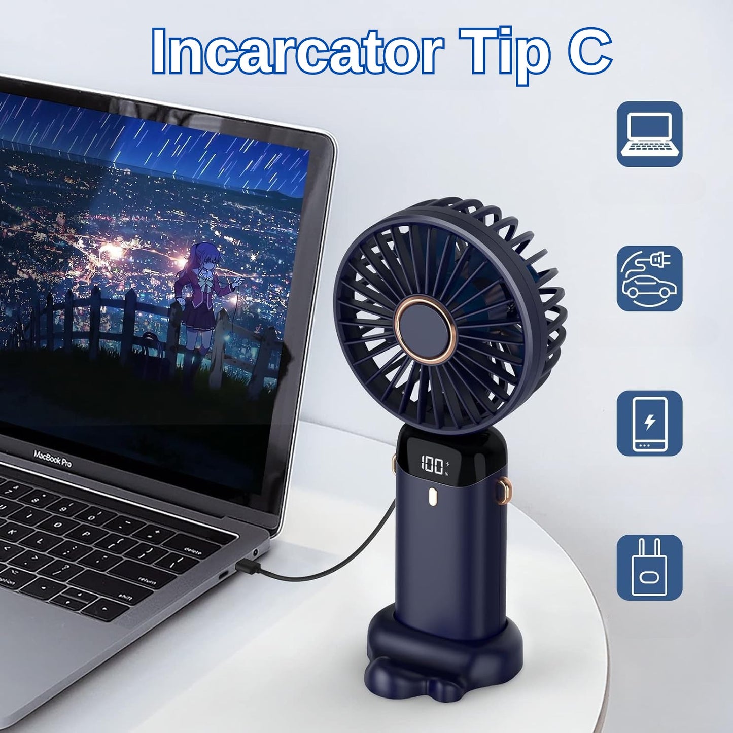 Ventilator Ultra Portabil cu Aromaterapie, Flippy, 3 in 1, de Mana, de Birou, de Gat, 5 Trepte de Viteza, Incarcare USB, Autonomie 12h, Pliabil, cu Ecran LCD, Albastru-8