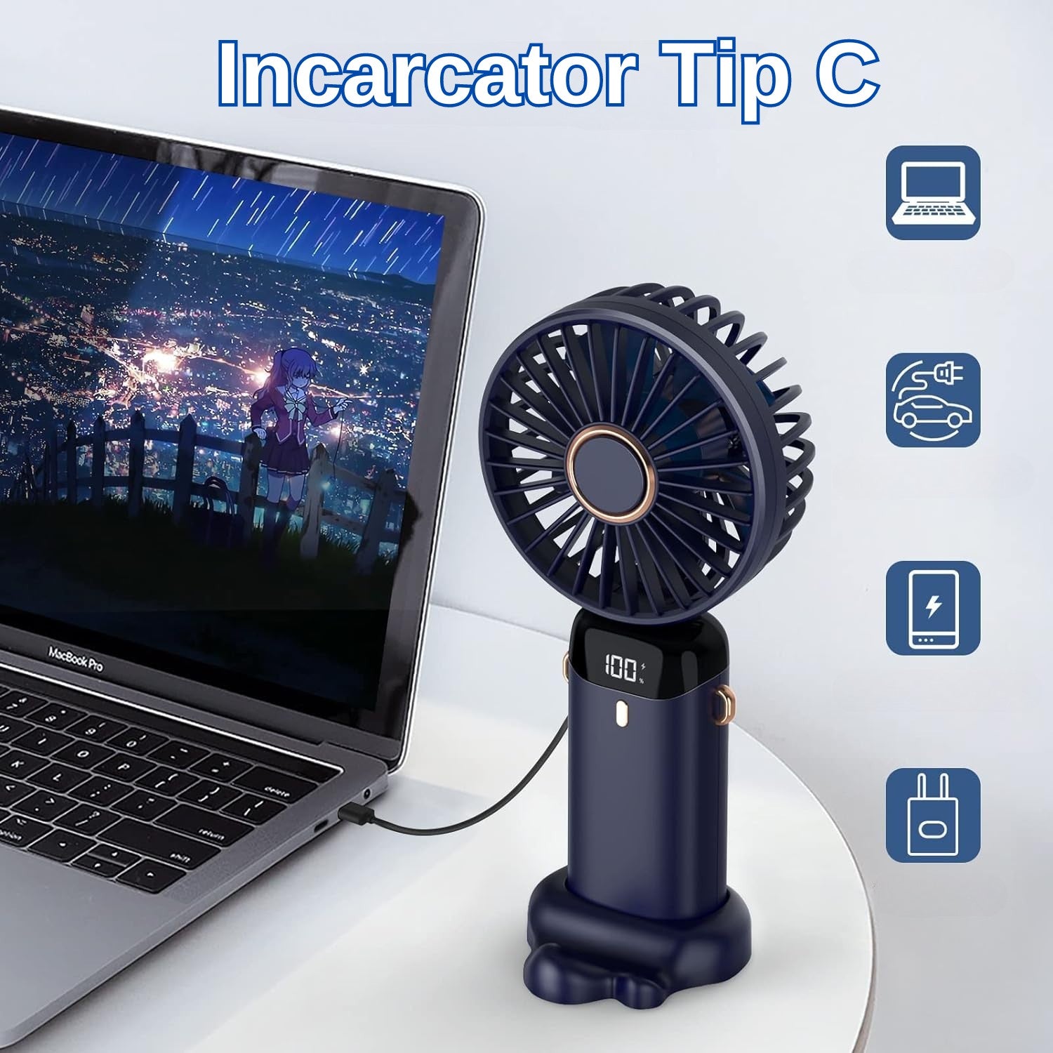 Ventilator Ultra Portabil cu Aromaterapie, Flippy, 3 in 1, de Mana, de Birou, de Gat, 5 Trepte de Viteza, Incarcare USB, Autonomie 12h, Pliabil, cu Ecran LCD, Albastru-8