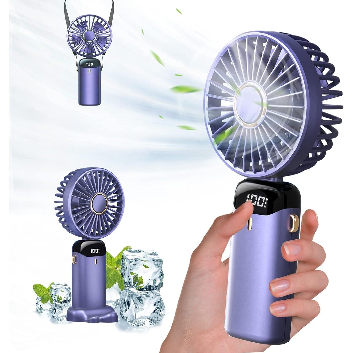 Ventilator Ultra Portabil cu Aromaterapie, Flippy, 3 in 1, de Mana, de Birou, de Gat, 5 Trepte de Viteza, Incarcare USB, Autonomie 12h, Pliabil, cu Ecran LCD, Mov-3