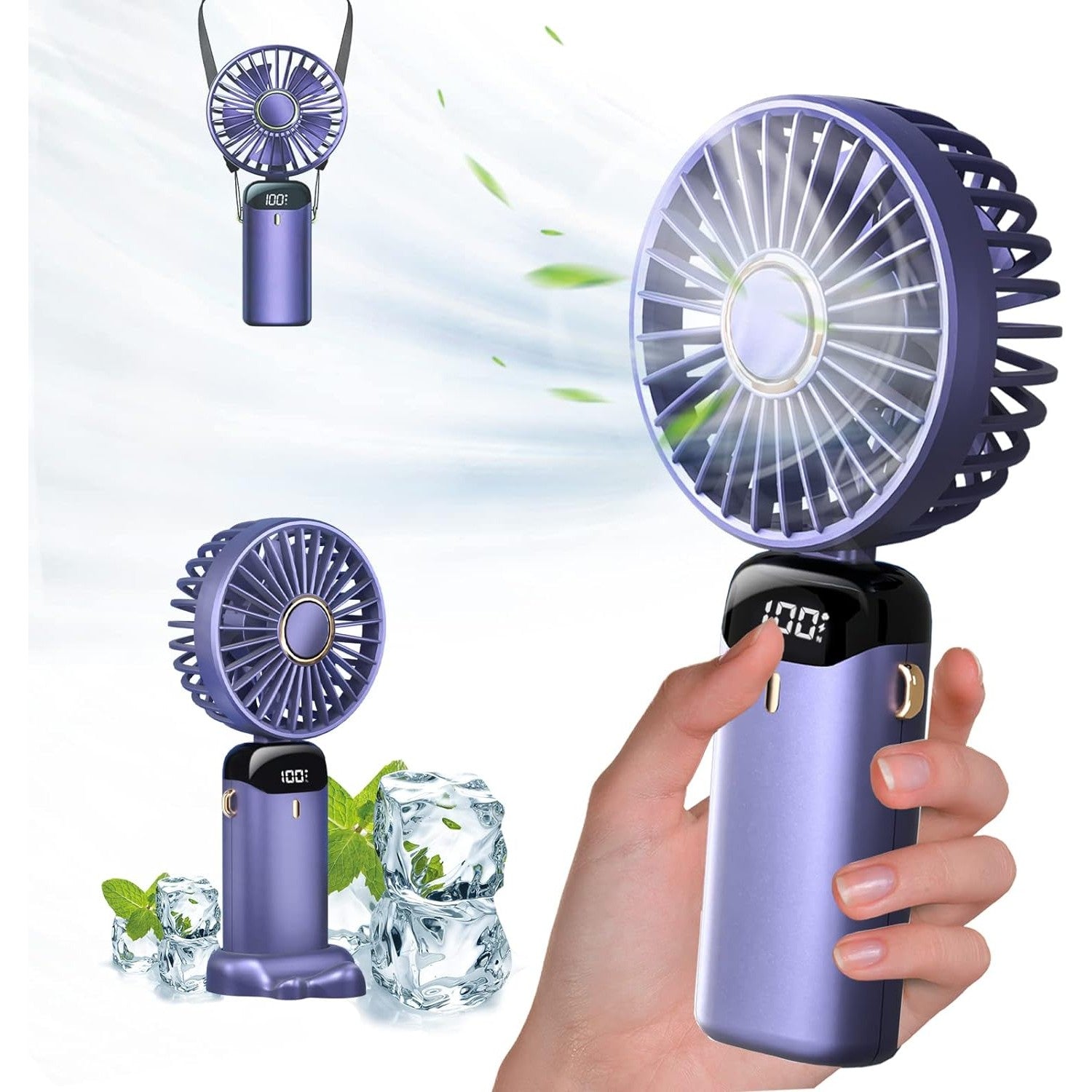 Ventilator Ultra Portabil cu Aromaterapie, Flippy, 3 in 1, de Mana, de Birou, de Gat, 5 Trepte de Viteza, Incarcare USB, Autonomie 12h, Pliabil, cu Ecran LCD, Mov-3