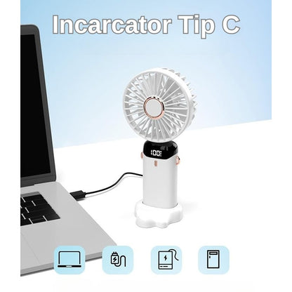 Ventilator Ultra Portabil cu Aromaterapie, Flippy, 3 in 1, de Mana, de Birou, de Gat, 5 Trepte de Viteza, Incarcare USB, Autonomie 12h, Pliabil, cu Ecran LCD, Alb-4