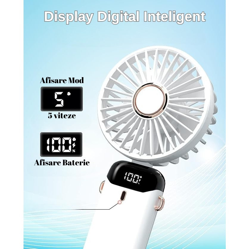 Ventilator Ultra Portabil cu Aromaterapie, Flippy, 3 in 1, de Mana, de Birou, de Gat, 5 Trepte de Viteza, Incarcare USB, Autonomie 12h, Pliabil, cu Ecran LCD, Alb-5