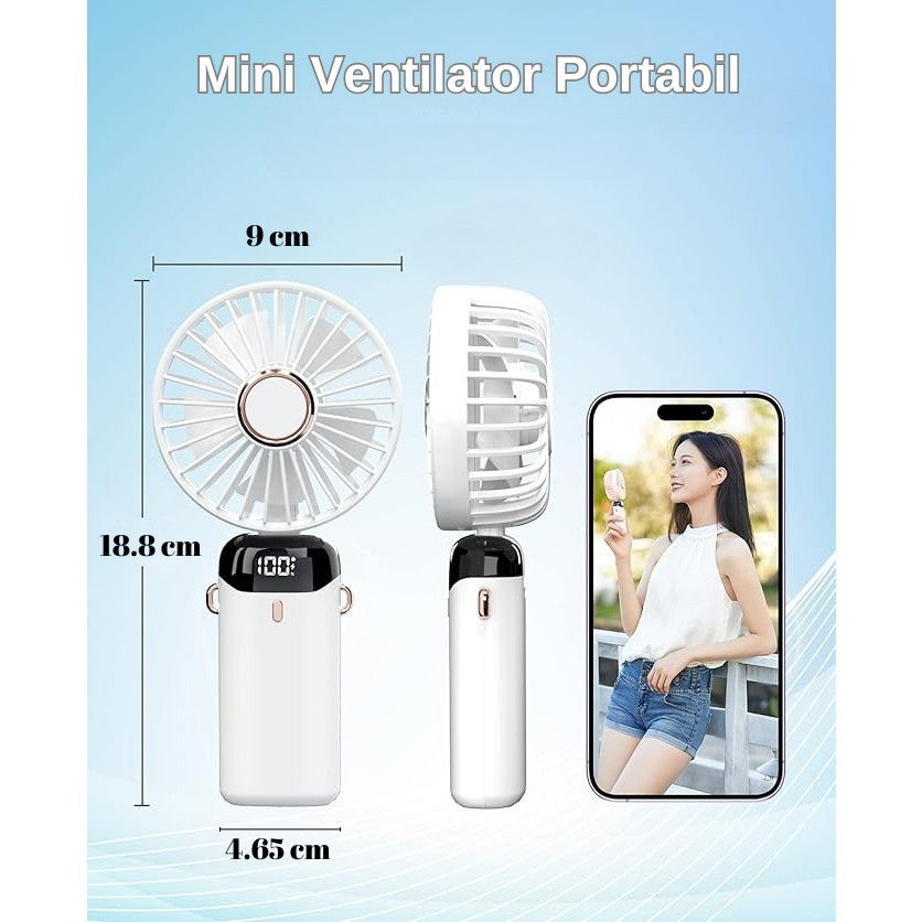 Ventilator Ultra Portabil cu Aromaterapie, Flippy, 3 in 1, de Mana, de Birou, de Gat, 5 Trepte de Viteza, Incarcare USB, Autonomie 12h, Pliabil, cu Ecran LCD, Alb-10