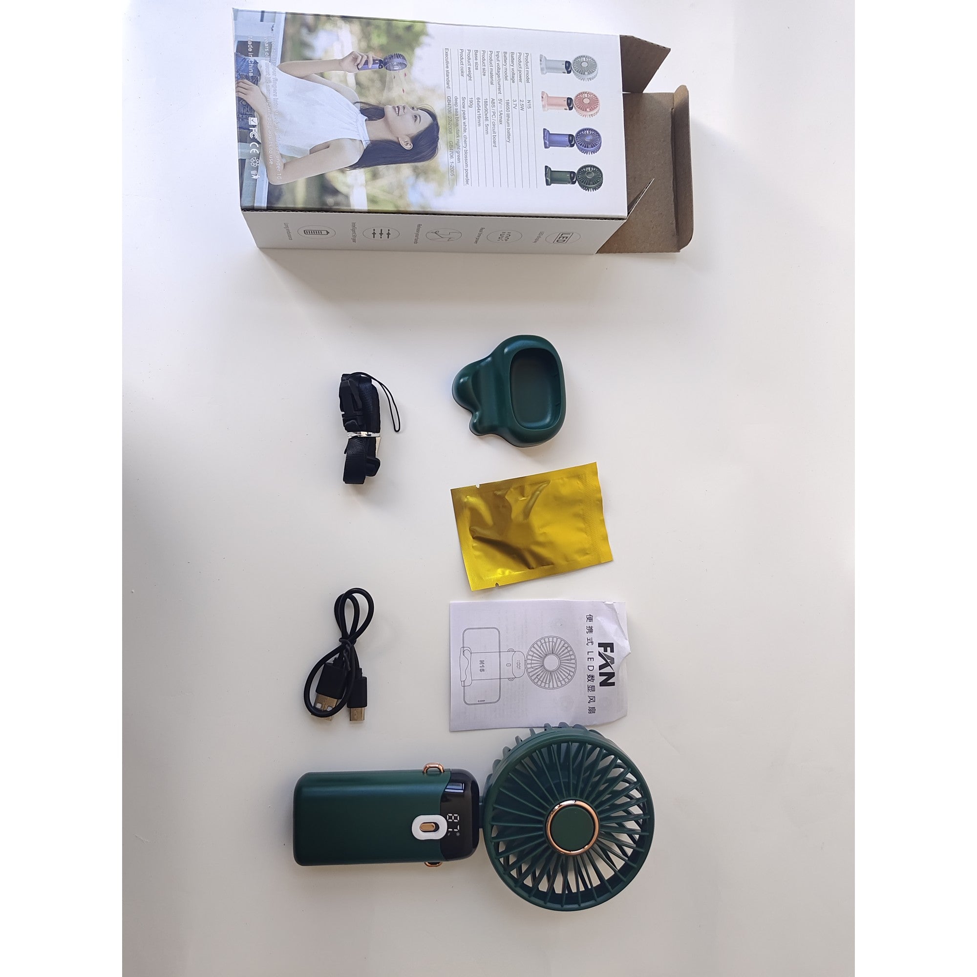 Ventilator Ultra Portabil cu Aromaterapie, Flippy, 3 in 1, de Mana, de Birou, de Gat, 5 Trepte de Viteza, Incarcare USB, Autonomie 12h, Pliabil, cu Ecran LCD, Verde-8