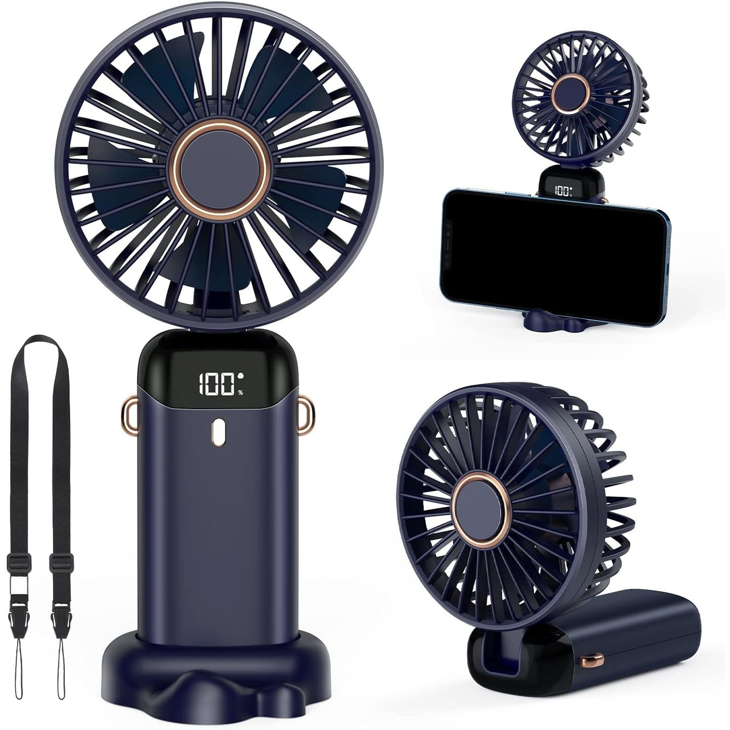 Ventilator Ultra Portabil cu Aromaterapie, Flippy, 3 in 1, de Mana, de Birou, de Gat, 5 Trepte de Viteza, Incarcare USB, Autonomie 12h, Pliabil, cu Ecran LCD, Albastru-0
