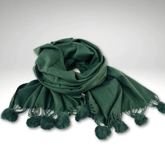 Esarfa din Casmir, cu Ciucuri - Verde