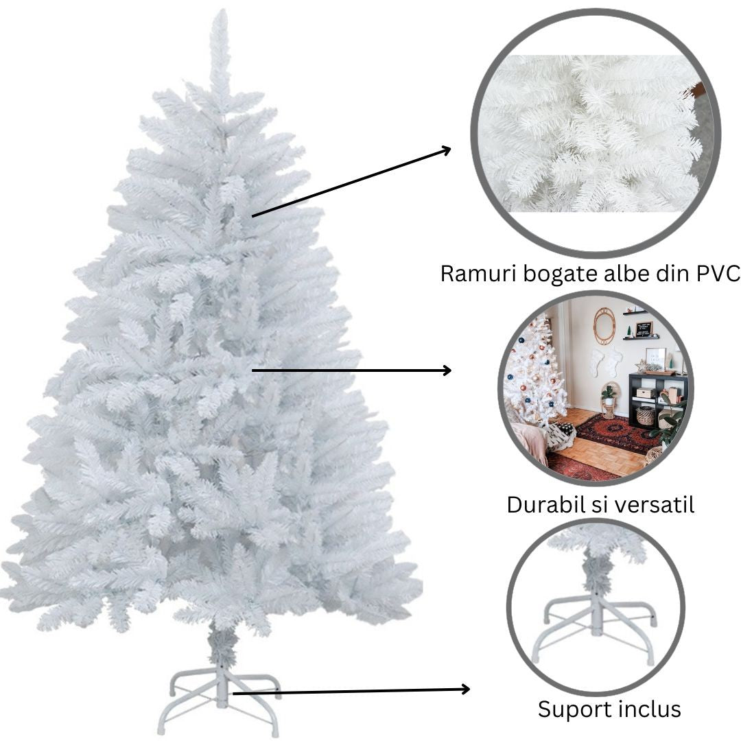 Brad de Craciun artificial cu suport inclus Flippy, 120 cm, 240 ramuri/varfuri, material plastic, suport clasic, fara iluminare, utilizat pentru interior/exterior, alb-5