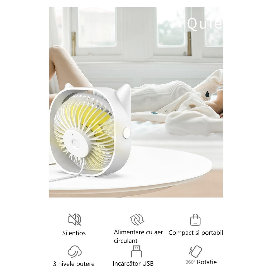 Mini ventilator pentru birou cu usb, Flippy, rotire 360 grade, 3 viteze, 13.5 x 12,8 cm, Alb-2