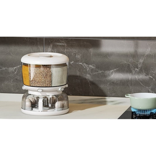 Dozator etajat de cereale Flippy, rotativ 360, 6 compartimente, capacitate 10L, cofrag special pentru oua, vas pentru scurgerea cerealelor, 35x27.5 cm, alb-1