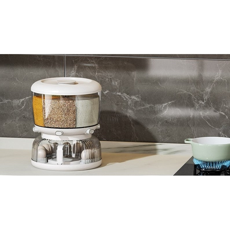 Dozator etajat de cereale Flippy, rotativ 360, 6 compartimente, capacitate 10L, cofrag special pentru oua, vas pentru scurgerea cerealelor, 35x27.5 cm, alb-1