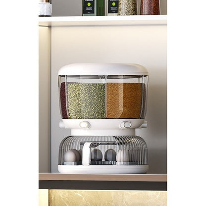 Dozator etajat de cereale Flippy, rotativ 360, 6 compartimente, capacitate 10L, cofrag special pentru oua, vas pentru scurgerea cerealelor, 35x27.5 cm, alb-2