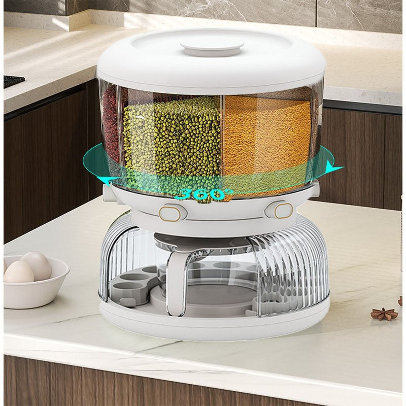 Dozator etajat de cereale Flippy, rotativ 360, 6 compartimente, capacitate 10L, cofrag special pentru oua, vas pentru scurgerea cerealelor, 35x27.5 cm, alb-3