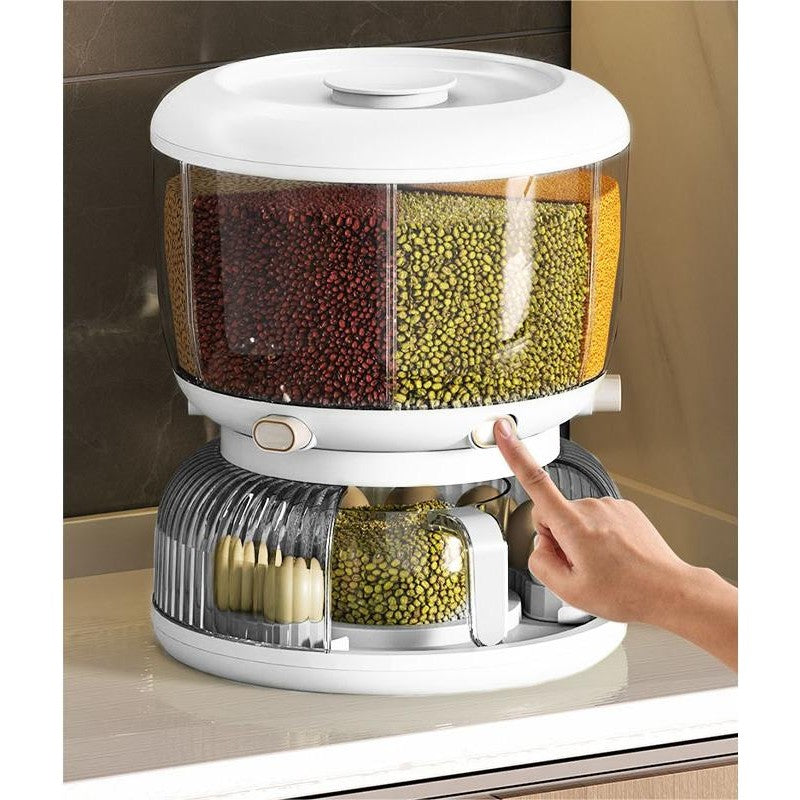 Dozator etajat de cereale Flippy, rotativ 360, 6 compartimente, capacitate 10L, cofrag special pentru oua, vas pentru scurgerea cerealelor, 35x27.5 cm, alb-4