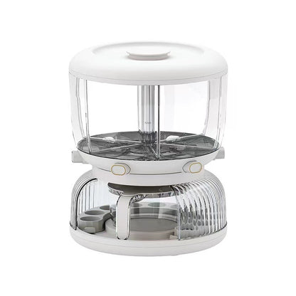 Dozator etajat de cereale Flippy, rotativ 360, 6 compartimente, capacitate 10L, cofrag special pentru oua, vas pentru scurgerea cerealelor, 35x27.5 cm, alb-0