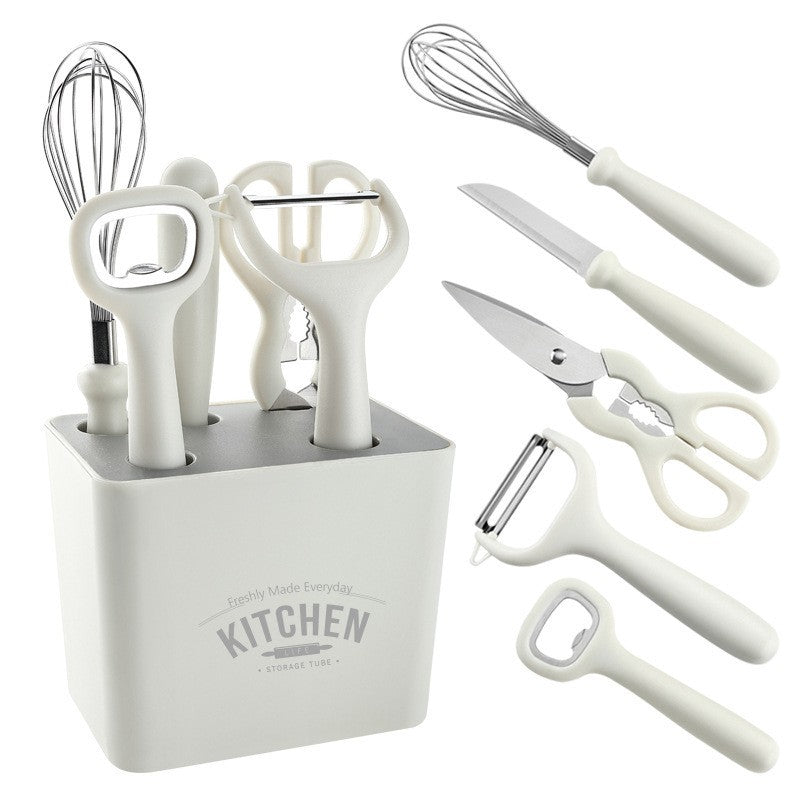 Set 6 ustensile bucatarie Flippy, cu suport inclus, desfacator, curatator legume, foarfeca, cutit, tel, ABS si inox, alb-0