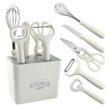 Set 6 ustensile bucatarie Flippy, cu suport inclus, desfacator, curatator legume, foarfeca, cutit, tel, ABS si inox, alb-0